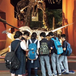 自然博物館は恐竜の展示も充実。恐竜の展示を熱心に興味深く見学する中１のみなさん