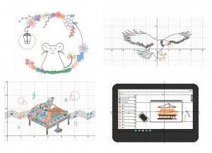 「関数グラフアート入賞作品」 多彩な曲線で描かれた作品は、どれもグラフで描いたとは思えない力作です。